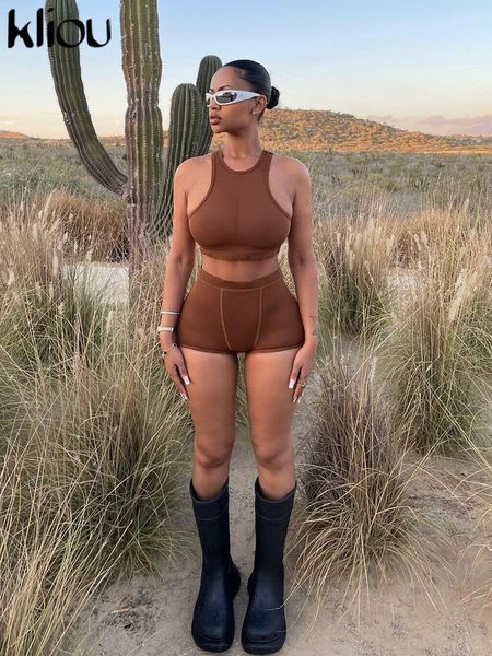 

two piece dress kliou casual sporty style two piece set women solid off shoulder skinny croped vestshigh elastic waist shorts female activew, White