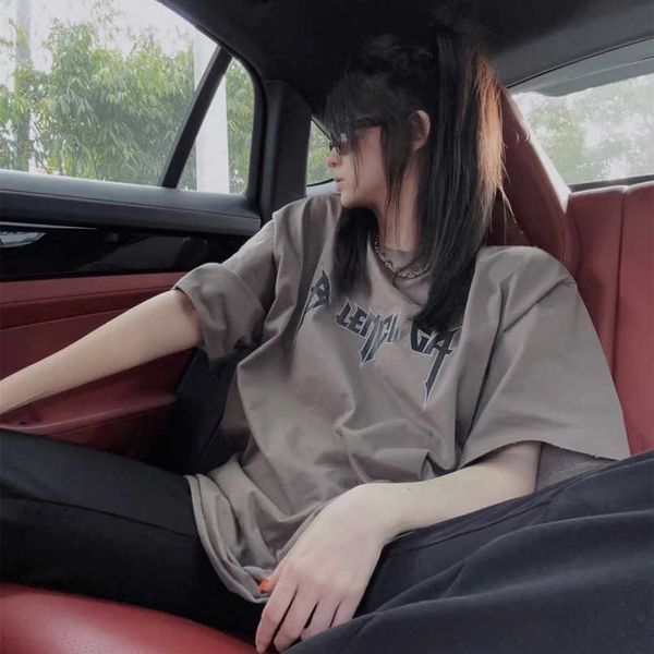 

designer summer women t shirt high edition 2023 summer family lightning letter straight split print worn old sleeve t-shirt, White;black