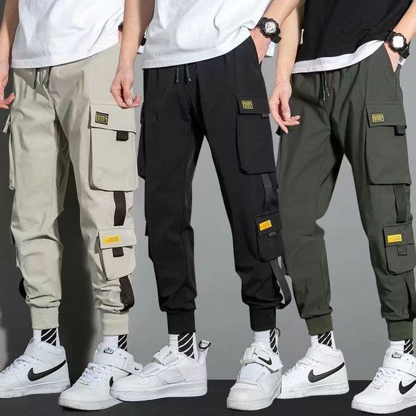 

men's pants thin streetwear casual men ribbons harem jogging male slim fit spring cargo multipocket trouser jx1 230410, Black