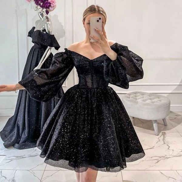 

little black dresses gillter short evening dresses with puffy long sleeve off shoulder prom occasion cocktail gowns, Black;red