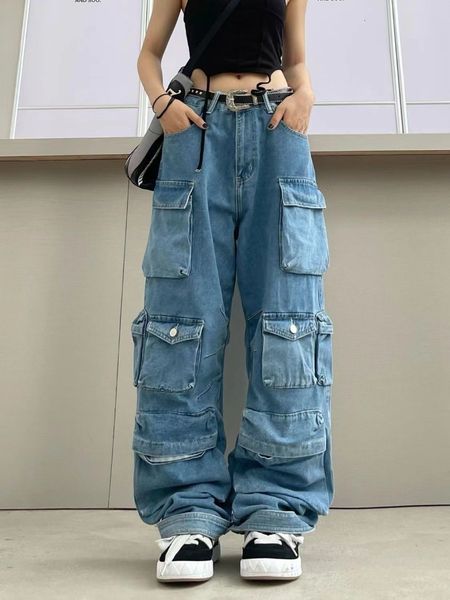 

women's jeans multi-pocket blue washed cargo pants y2k retro high street fashion high waist jeans couple harajuku simple casual wide le