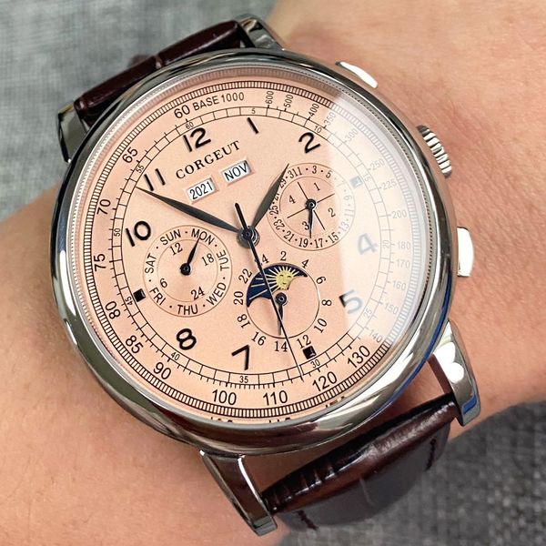 

wristwatches corgeut 42mm automatic mens watch week date month year rose gold dial moon phase multifunction 316l leather strap polished 2304, Slivery;brown