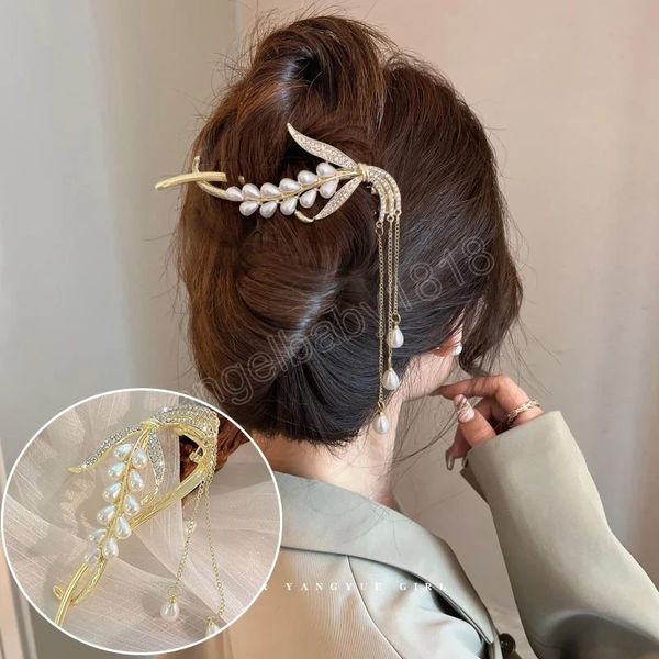 

fashion crystal flower hair clip for women simulated pearl hairpin hair claw barrettes ponytail clip girls jewelry headwear, Slivery;white