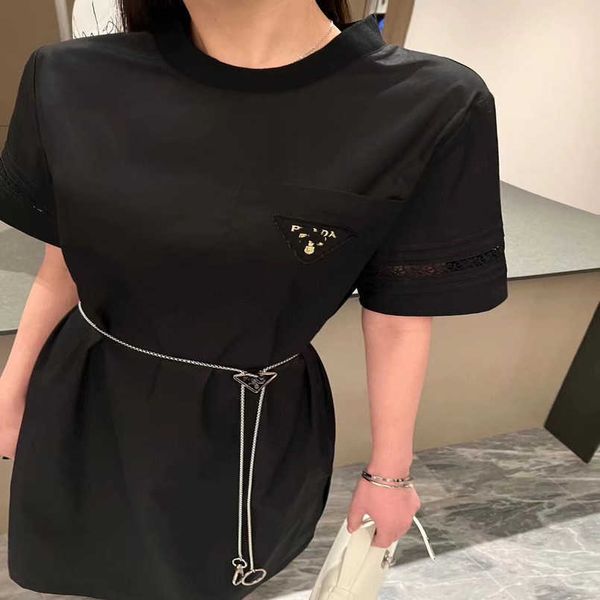 

2023 womens designer t shirt tracksuit shirt spring/summer 2023 triangle chain loose fit fashionable eyecatcher slim cut out panel lace t-sh, Black;gray