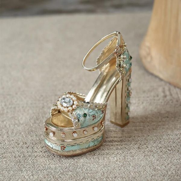 

luxury gold metallic women sandals studded square heels female shoes platform flower crystal peep toe summer ladies pumps, Black