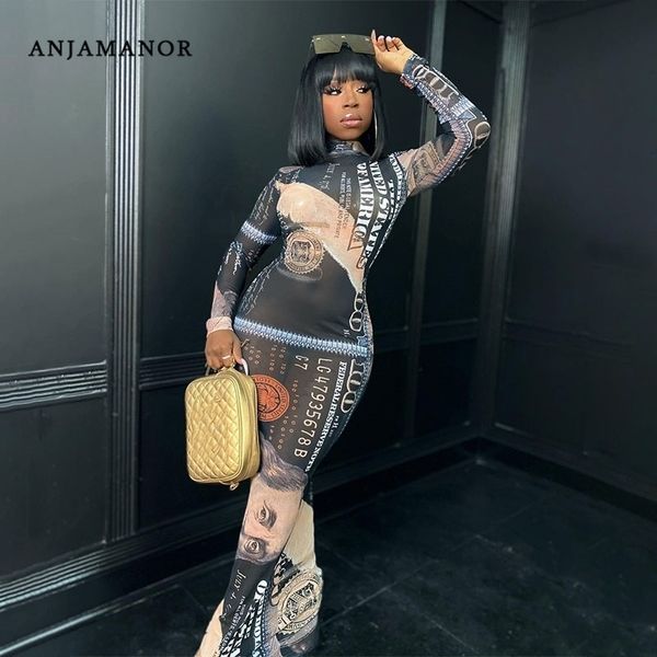 

casual dresses anjamanor rich money print sheer mesh bodycon for women party club wear long sleeve maxi dress d90 cb20 220410, Black;gray