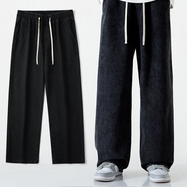 

men's jeans deeptown classic black for men casual denim pants loose youth straight trousers male korean style allmatch streetwear 23041, Blue