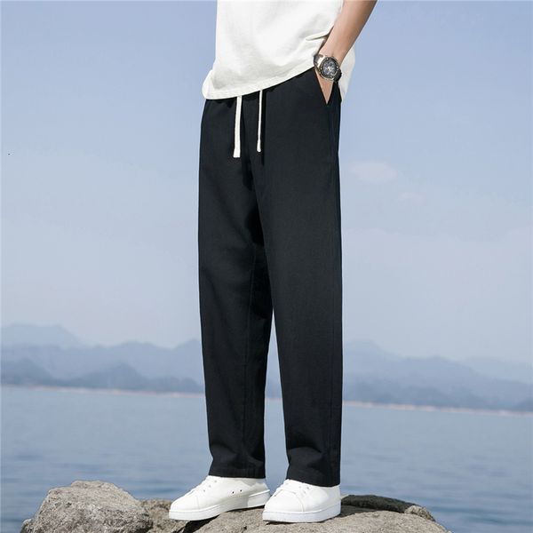 

men's pants 2023 summer trousers cotton linen fashion casual solid color breathable loose shorts straight streetwear 230410, Black