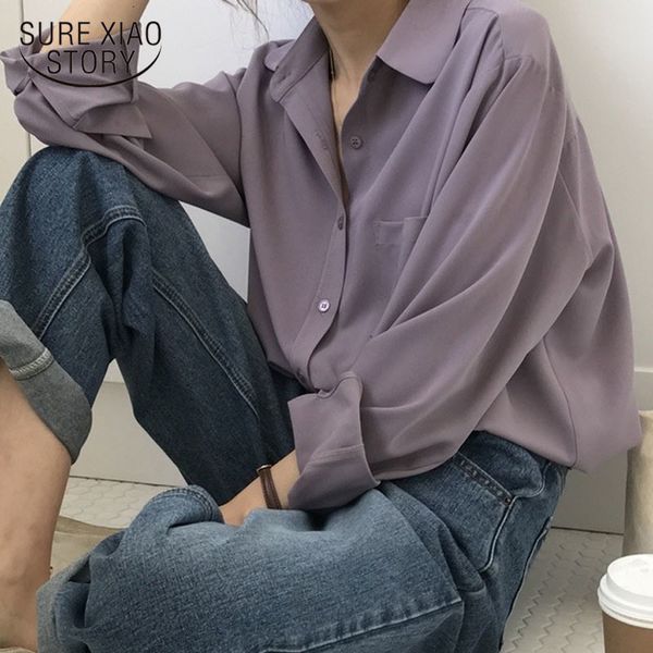 

women's blouses shirts retro shirt women's autumn long sleeved women's korean loose casual white solid blue full match 11354