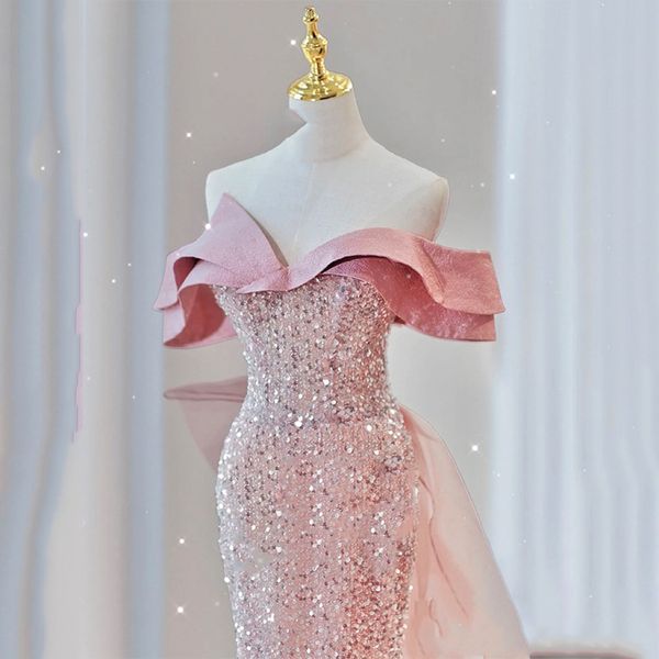 

pink celebrity dress mermaid boat neck off shoulder sequined shiny detachable train evening party prom party gowns custom, Black;red