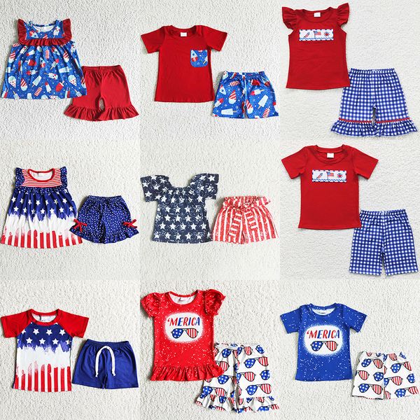 

wholesale children clothing girls sets milk silk toddler baby girl clothes 4th of july kids sibling outfits boys short sleeve shorts set, White