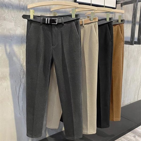 

men's pants winter men's thick wool fabric set pants casual straight skirt korean fashion business men's clothing without bel, Black