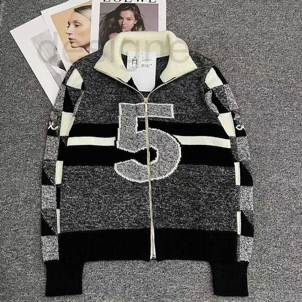 

women's knits & tees designer autumn/winter new jacquard letter contrast checkerboard large polo neck zipper wool knitted cardigan for, White