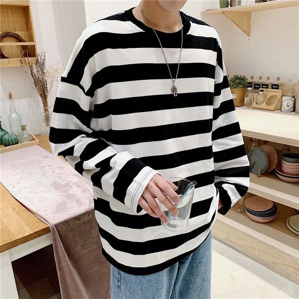 

men's t-shirts ebaihui striped long sleeve t-shirt men's korean style contrast striped crewneck loose relaxed sweatshirt youth fas, White;black