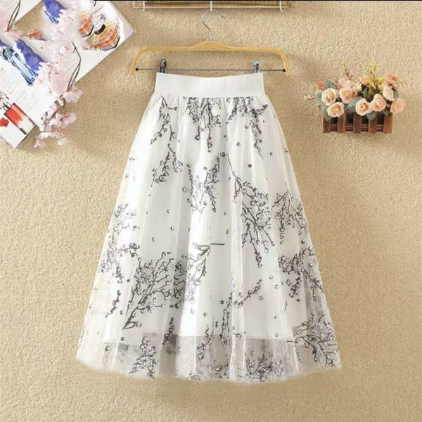 

skirts summer korean fashion network midi women's skiing high waist a-line knee length skiing flower net swing skiing elegant women&#03, Black