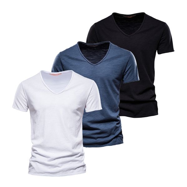 

men's t-shirts aiopeson 3-piece 100% cotton men's t-shirt fashion design v-neck casual fit basic cotton men's summer t-shirt, White;black