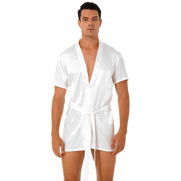 

men's sleepwear men satin kimono nightrobe seethrough floral lace patchwork back sleepwear with belt solid color nightwear 230410, Black;brown