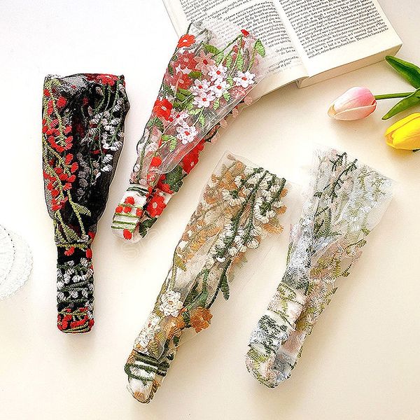 

female ethnic hairbands elastic embroidery lace flower headband chiffon head wrap bezel for women cross knotted hair accessories, Slivery;white