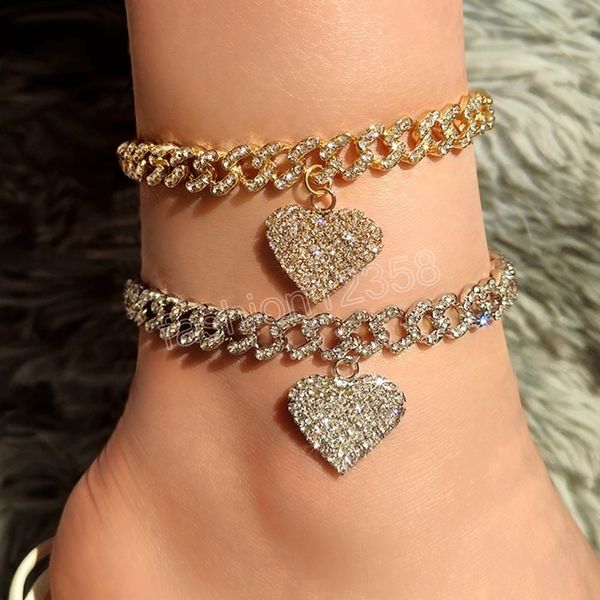 

hip hop full rhinestone heart anklets bracelet for women fashion gold silver color crystal miami cuban anklet foot chain jewelry, Red;blue