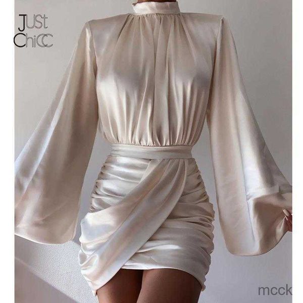 

casual dresses justchicc ruched satin dress women white latern sleeves party dress autumn night club mini dresses 2021 vestdios m230411, Black;gray