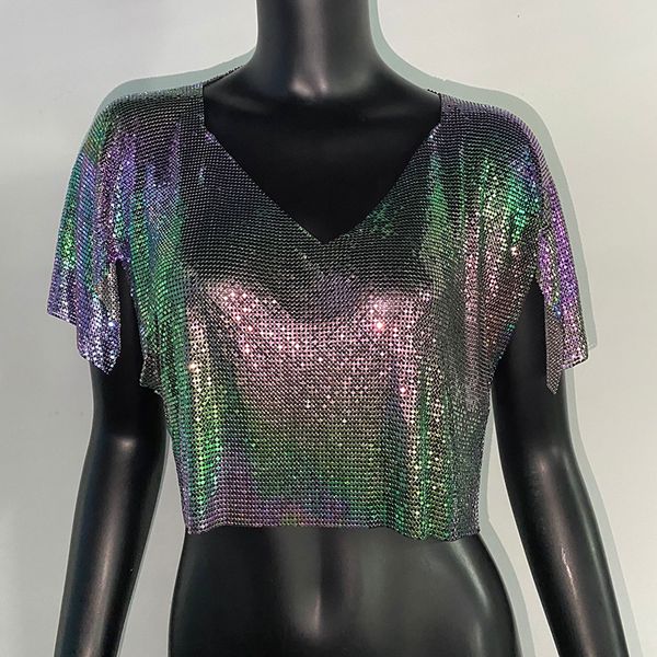 

women's t-shirt metal colorful sequined v neck t shirt women ruffle sleeve shiny casual loose female tees fashion streetwear 230410, White