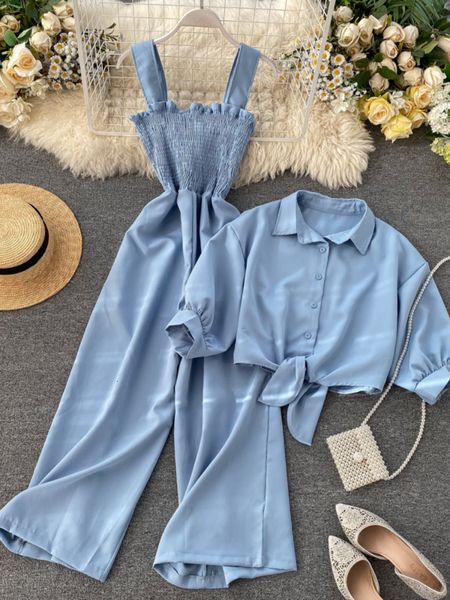

two piece dress fitaylor summer two pieces set women loose short sunscreen jacket suspending rompers clothing female casual holidays suit 23, White