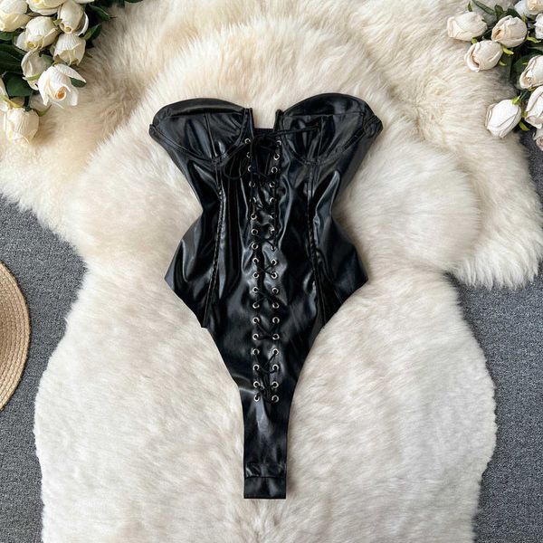 

nxy drawstring women rompers summer solid lace-up design fashion slim pu leather ladies streetwear bodysuits 230328, Black;white