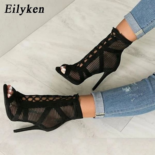 

sandals eilyken fashion black summer sandals lace up crosstied peep toe high heel ankle strap net surface hollow out shoes 230410