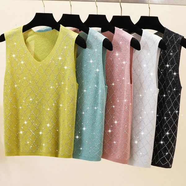 

camisoles tanks shiny knitted summer v-neck diamond tank women's ultra thin women's flash sleeveless t-shirt tank 230410, Black;white