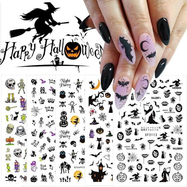 

nail stickers halloween ins pumpkin elf witches skeleton vampires 12designs mix per set water decals wraps for nail decoration manicure colo, Black