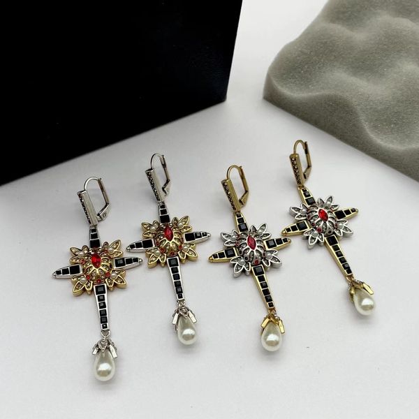 

charm cross flower pearl pendant earrings, Golden