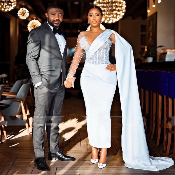 

luxury white evening formal dress midi long sleeves pearls beaded sheath prom formal party gowns 2023 tulle o neck illusion christmas wear n, Black;red