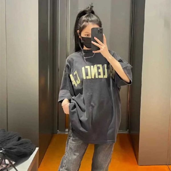 

designer summer women t shirt shirt high version family's yellow tape bage printing washed worn out ins net red sleeve t-shirt, White;black