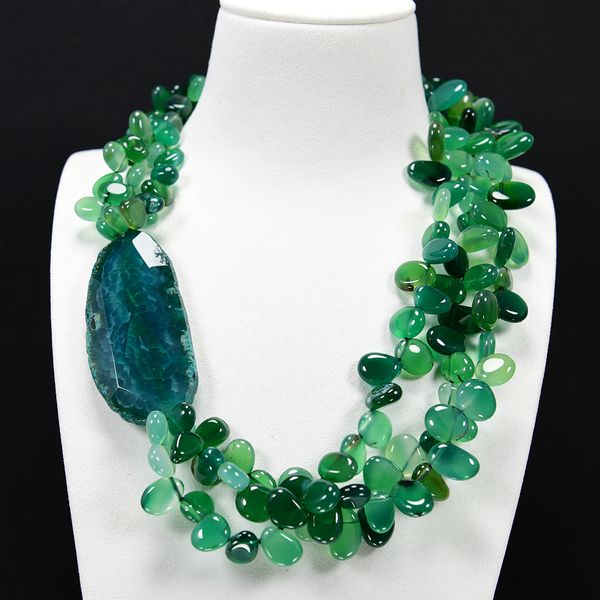 

beaded necklaces 3 rows natural drilled green agate chocker necklace peandant 20'' muti strands necklace handmade women gifts, Silver