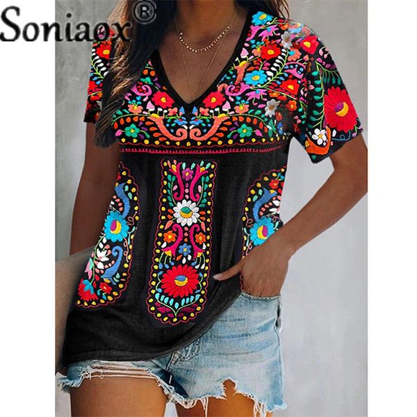 

women's t-shirt boho v neck patchwork blouse summer women short sleeve loose casual ethnic style print t-shirt pullover 230410, White
