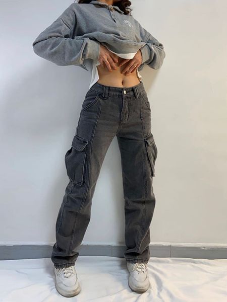 

women's jeans weiyao women cargo trousers straight cargo jeans pants high waist vintage pantalon streetwear femme mujer multi pocket 23, Blue