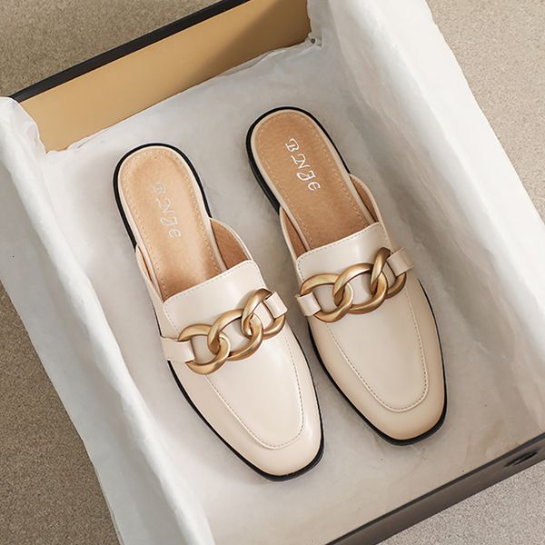 

slippers woman mules fashion design flat square toe chain backless shoes summer outdoor and indoor office wear white black delivery 230410