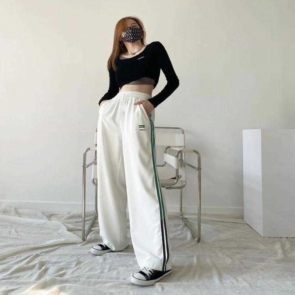 

designer new women t shirt shirt high edition family vertical strap terry guards hooked english letter embroidery elastic pants loose leg, Black