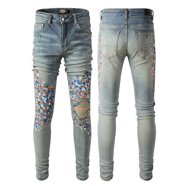 

Casual men high street washed multi pocket blue splatter skinny light elastic jean