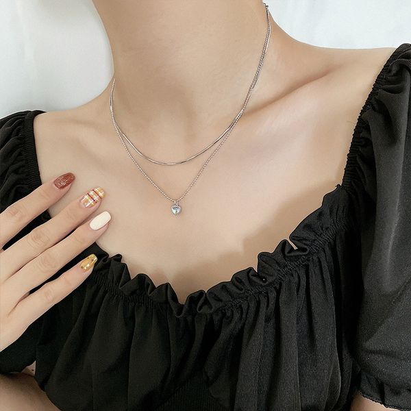 

double moonstone love necklace female personalized pendant necklace dazzling color stone heart stacked collarbone chain, Silver
