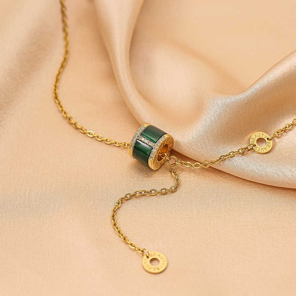 

new high-end green tassel large waist pendant with micro inlaid zircon steel necklace for women's fashion versatile collarbone chain, Silver