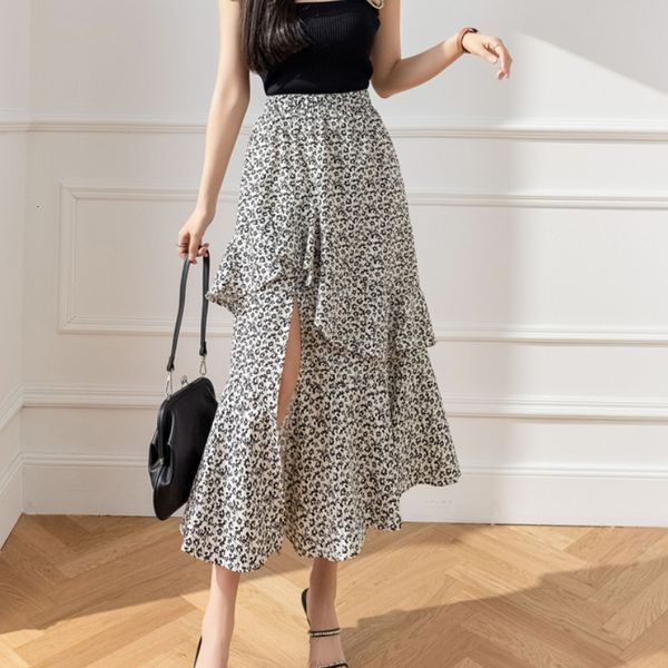

skirts fashion floral long skirt for women spring elegant elastic high waist midi skirt women irregular a-line small faldas 230410, Black