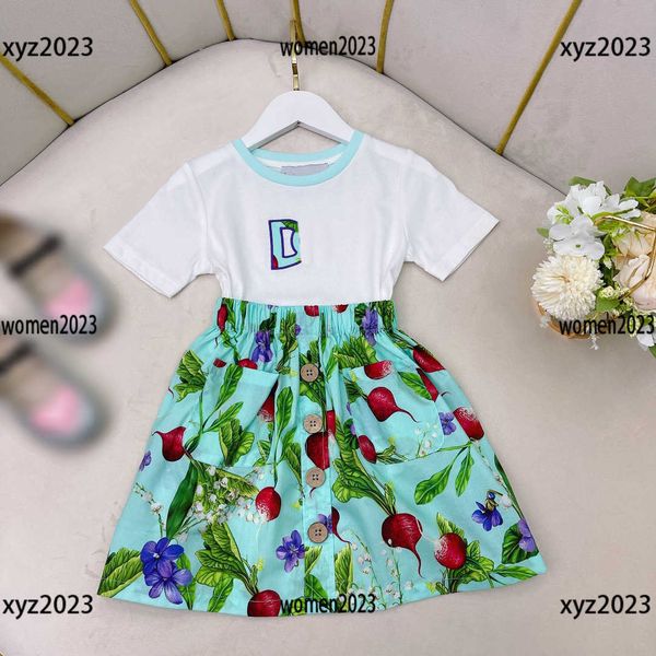 

baby clothes designer suit girls dress new product size 100-160 cm 2pcs fashion t-shirt and single breasted decoration skirt ing, White