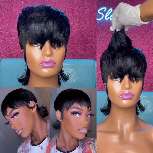 

wavy color short straight bob pixie cut wig glueless non full lace remy human hair wigs wholesale for black women black burgundy red