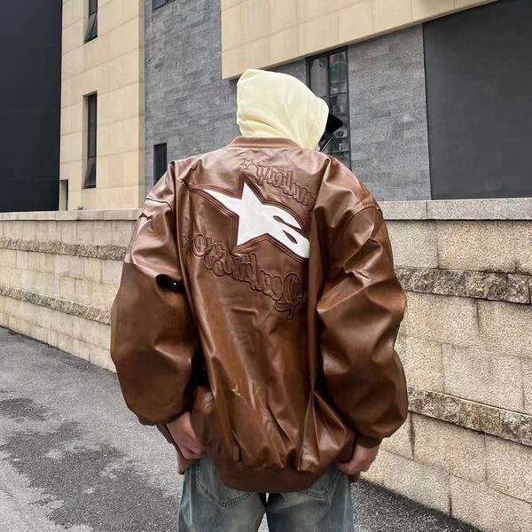 

men's jackets american retro embroidered baseball uniform pu leather bomber jacket men vintabe brown streetwear hip hop women coats out, Black;brown