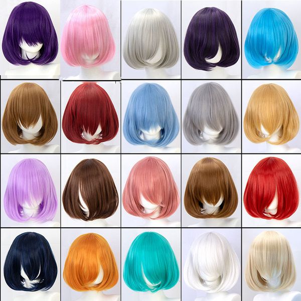 

synthetic wigs difei short bob straight hair with trimmable bangs lolita ombre pink red blue purple cosplay wig for women wigs 230410, Black
