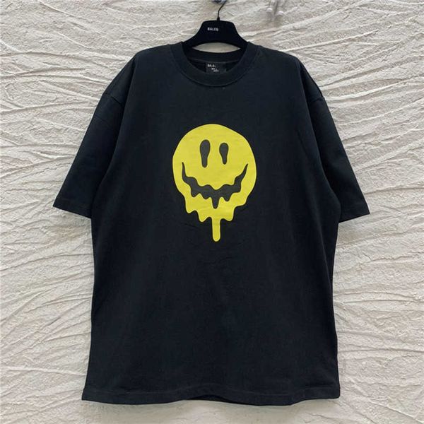 

2023 new women's tshirt edition family smiling face dissolved print back embroidery skull finger couple sleeve t-shirt, White;black