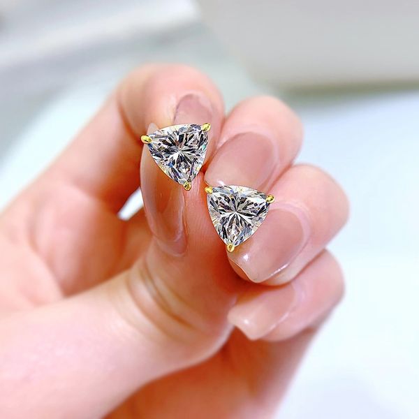 

14k gold triangle cut 8mm moissanite stud earring 100% real 925 sterling silver promise wedding earrings for women party jewelry, Golden;silver