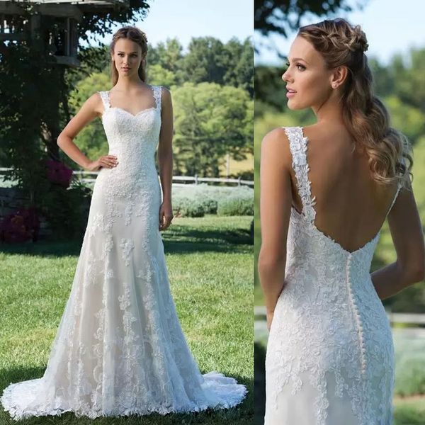 

lace appliques sweetheart mermaid wedding dress backless button sweep train wedding dress with lace straps vestidos de formatura, White