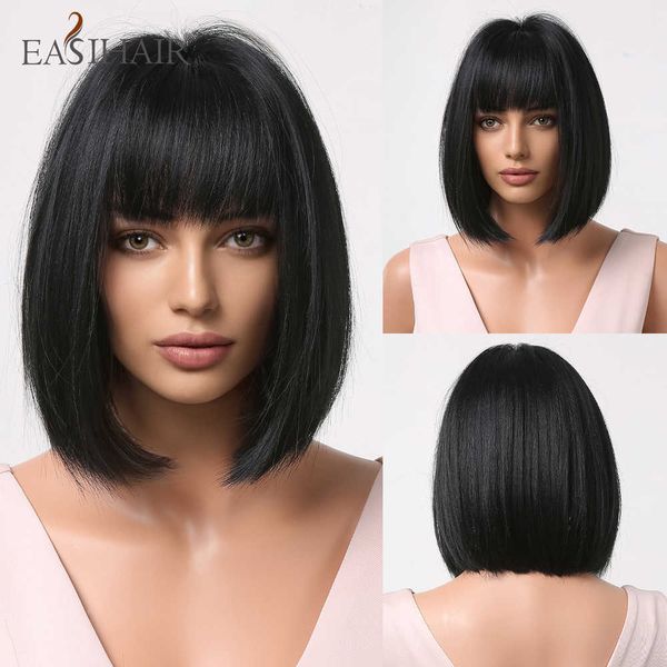 

synthetic wigs easihair black short synthetic wigs women straight bob hair with bangs cosplay daily natural wig heat resistant fake 230227